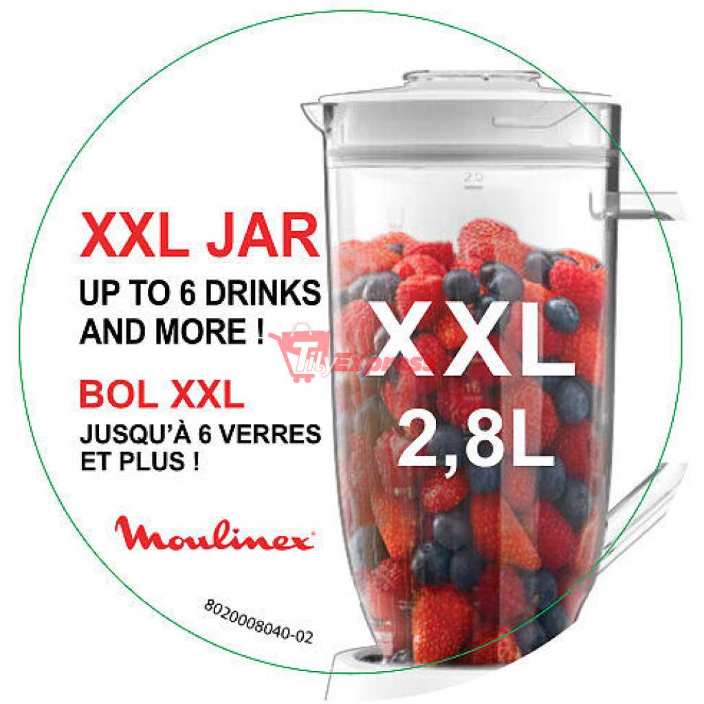 Moulinex Blender Blendforce XL LM458127, 2.8L Jar, 600W 2.8LXXL Jug + 2 Attachments Jars 6-Powelix Blades, Ice Crush Smoothie Blender - White