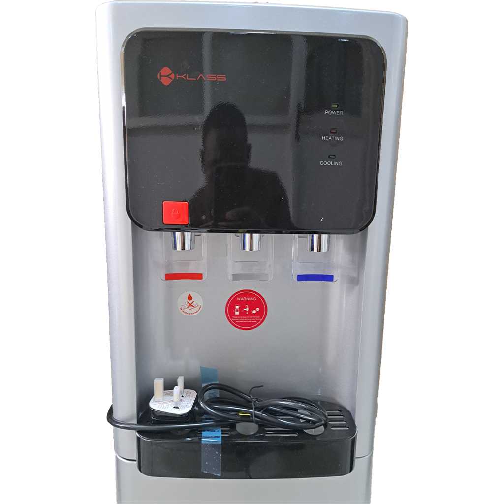 KLASS Water Dispenser KL-3TGLC; Hot, Cold & Normal, 3-tap Top Loading With Bottom Fridge – Grey