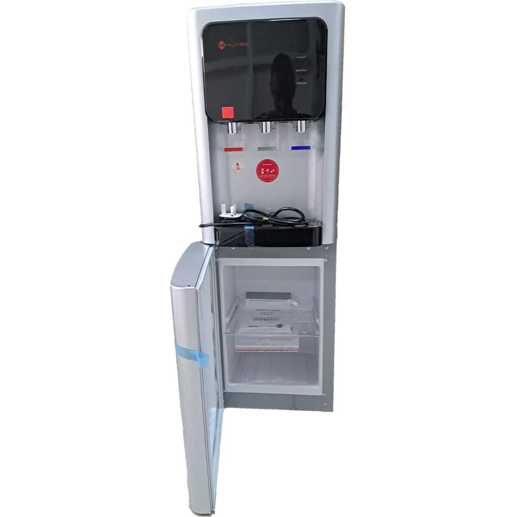 KLASS Water Dispenser KL-3TGLC; Hot, Cold & Normal, 3-tap Top Loading With Bottom Fridge – Grey