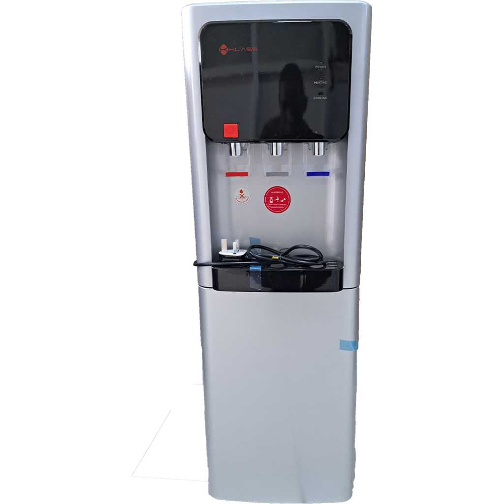 KLASS Water Dispenser KL-3TGLC; Hot, Cold & Normal, 3-tap Top Loading With Bottom Fridge – Grey