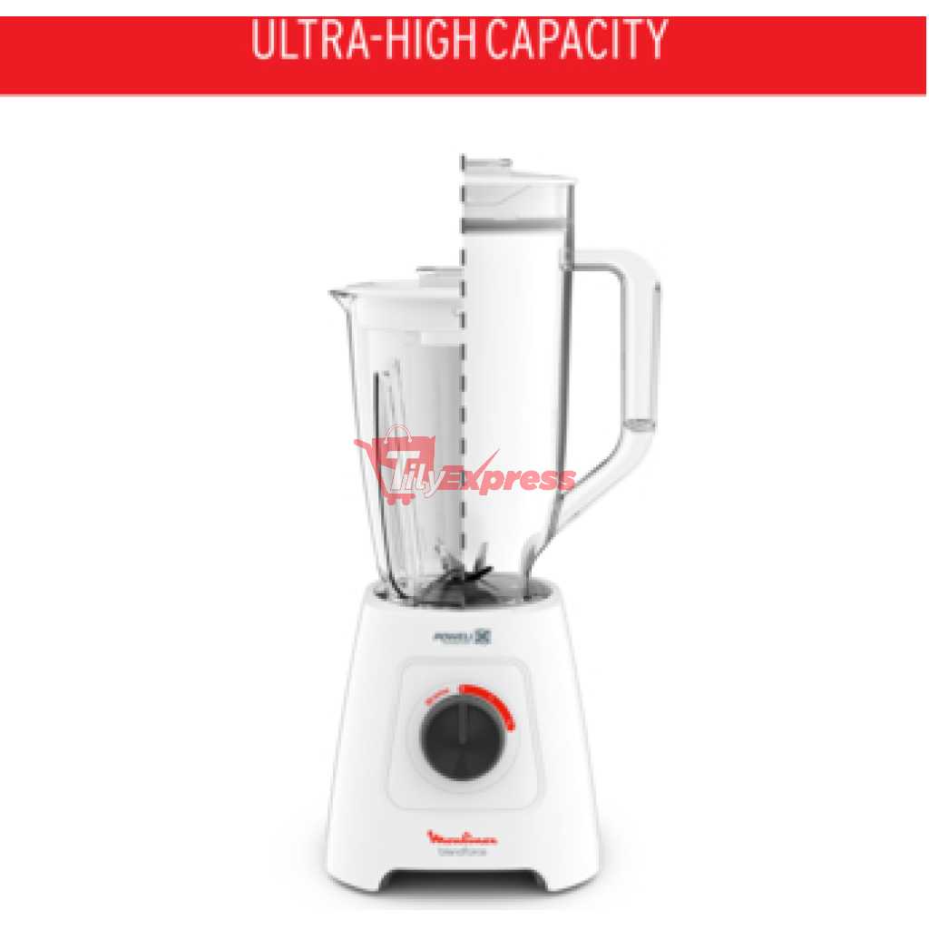 Moulinex Blender Blendforce XL LM458127, 2.8L Jar, 600W 2.8LXXL Jug + 2 Attachments Jars 6-Powelix Blades, Ice Crush Smoothie Blender - White