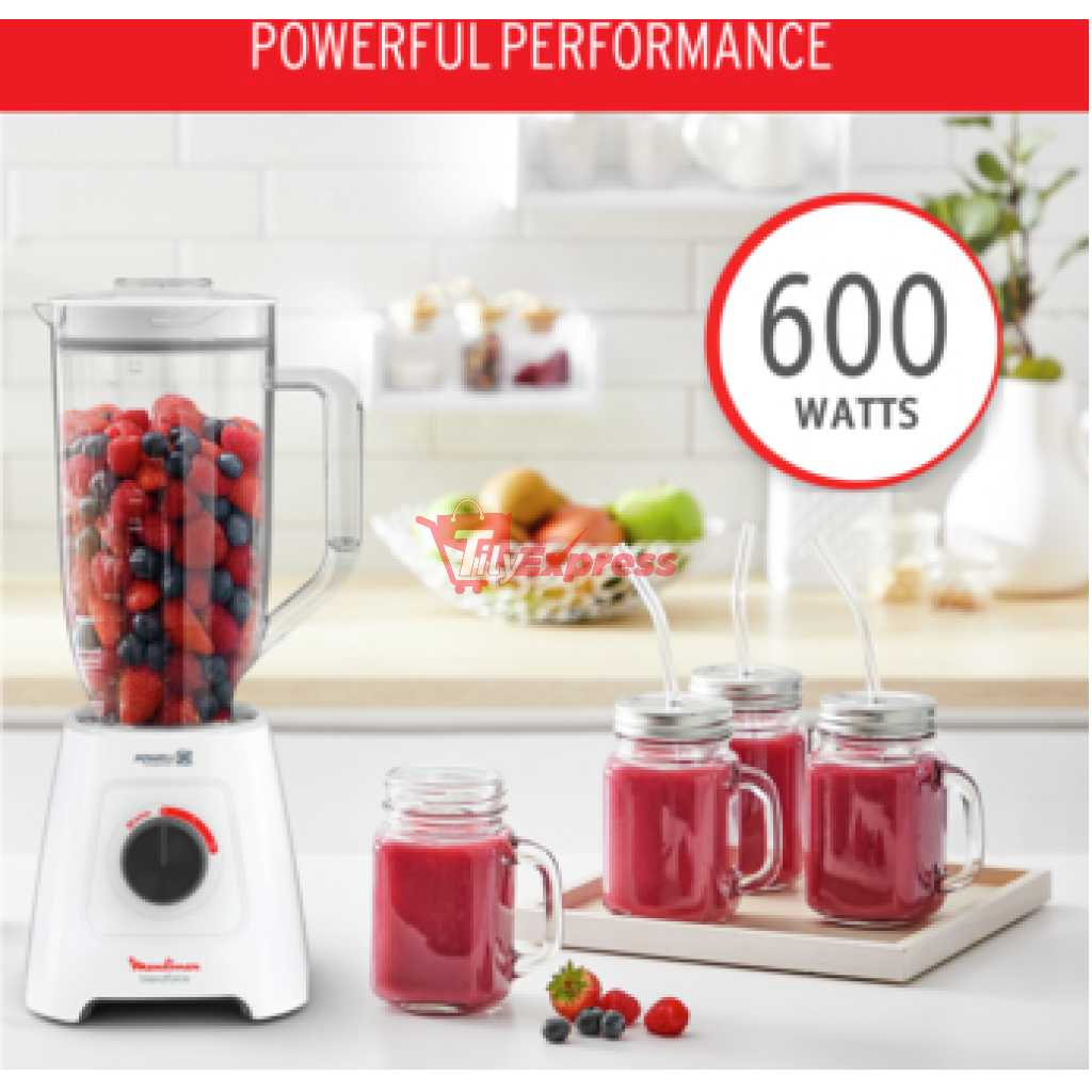 Moulinex Blender Blendforce XL LM458127, 2.8L Jar, 600W 2.8LXXL Jug + 2 Attachments Jars 6-Powelix Blades, Ice Crush Smoothie Blender - White