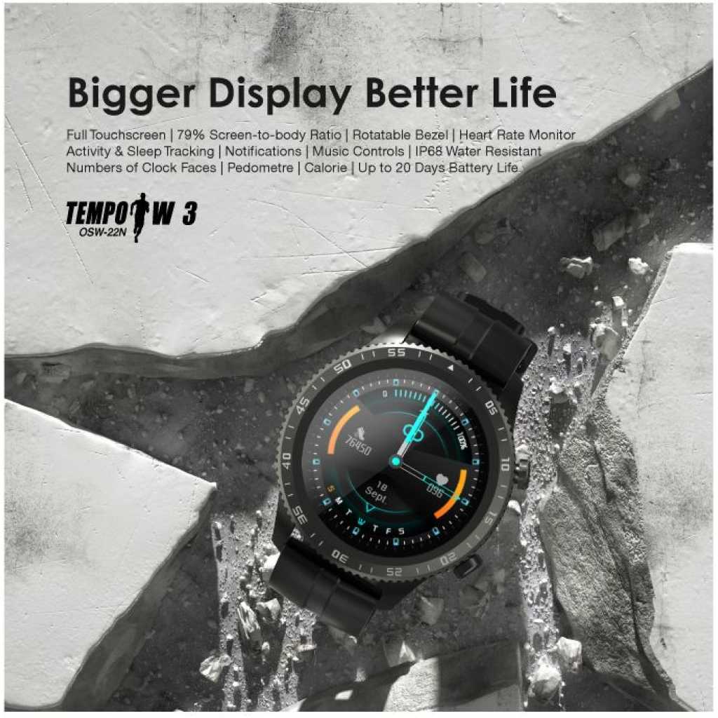 Oraimo Tempo W3 Smart Watch OSW-22N IP68 Waterproof Fitness Tracker Heart Rate Sleep Monitor 13 Sports Modes 20-day Battery Life