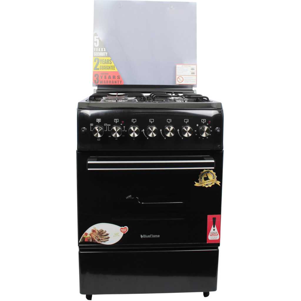 BlueFlame Cooker 60x60cm, 2 Gas Burners And 2 Electric Plates; S6031EFRP With Electric Oven& Grill, Auto Ignition, Rotisserie, Oven Lamp - Black