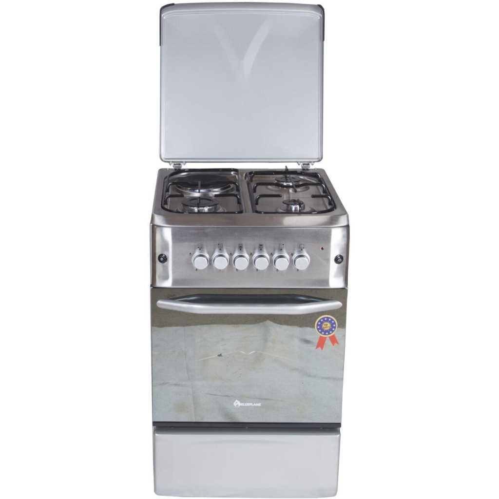 BlueFlame Cooker 50x55cm 3 Gas Burners And 1 Electric Plates S5031GR-I, Gas Oven & Grill, Rotisserie, Oven lamp, Auto Ignition - Inox