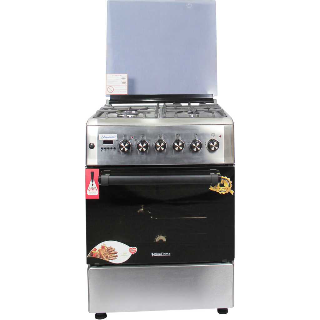 Blueflame 60x60cm Diamond Cooker; 3 Gas and 1 Electric Hotplate D6031ERF; Electric Oven & Grill, Digital Timer, THermostat, Oven Lamp, Cast Iron Pan Supports, Rotisserie, Auto Ignition – Inox