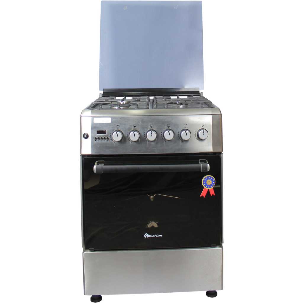 Blueflame 60x60cm Diamond Cooker; Full Gas, 4 Gas Burners, D6040GRF; Gas Oven & Grill, Digital Timer, Thermostat, Oven Lamp, Cast Iron Pan Supports, Rotisserie, Auto Ignition – Inox