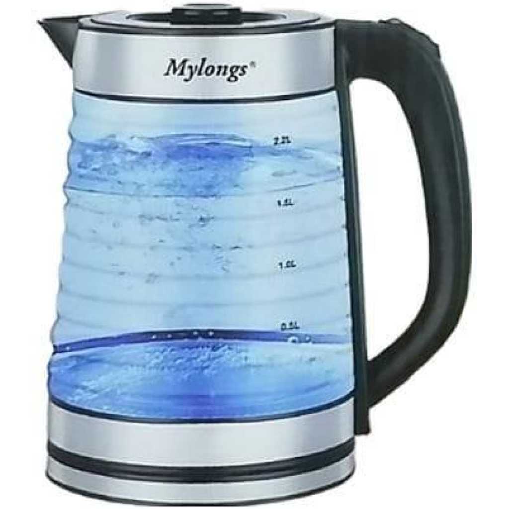 Mylongs Electric 2.2L BPA Free Glass Kettle Cordless 360° Base, Stylish Blue LED Interior, Handy Auto Shut-Off Function – Quickly Boil Water For Tea & More, Stainless Steel