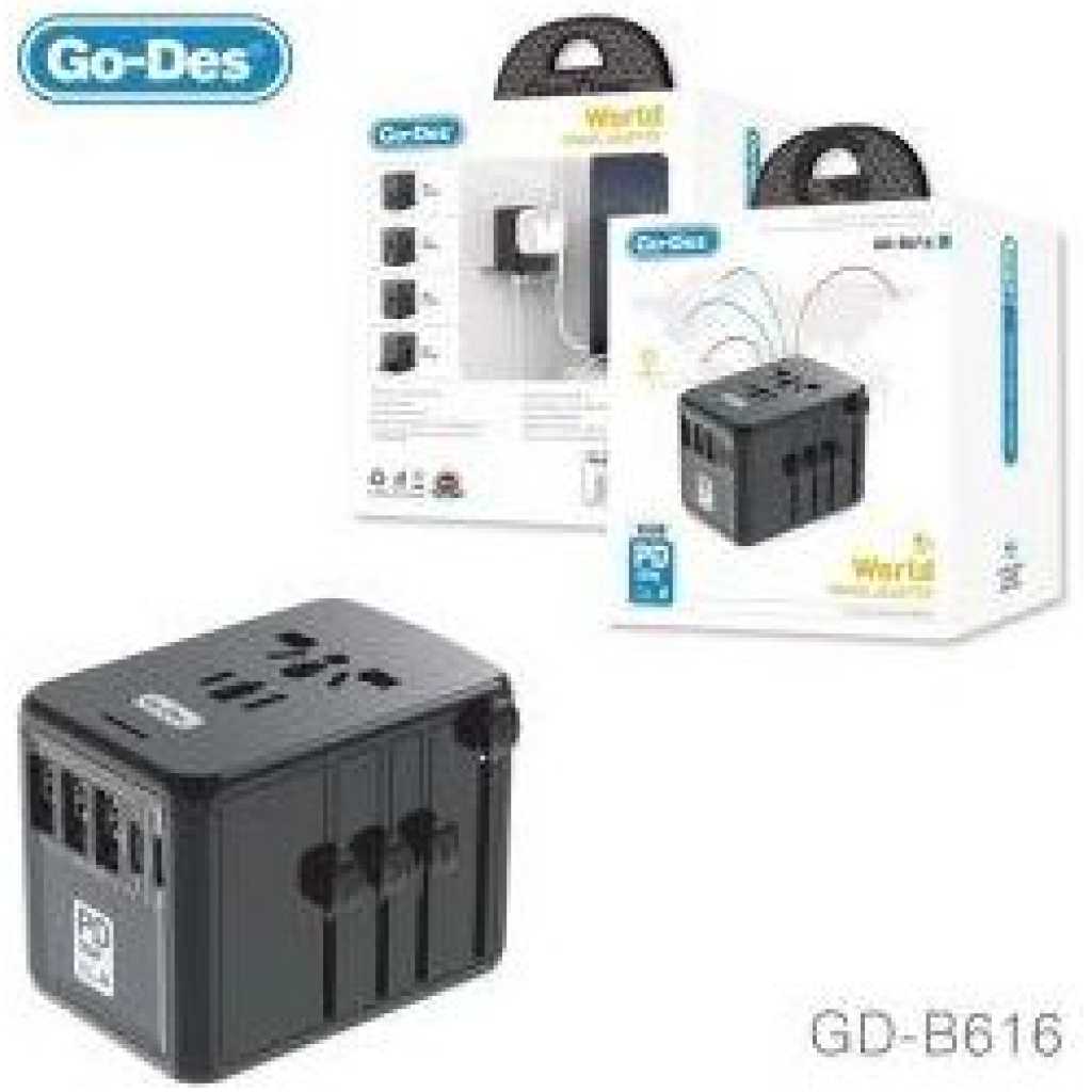 Go-Des Universal International Travel Power Adapter High Speed with 3 USB + 1 Type C , All in One 3 USB 2 Type-C Worldwide AC Power Wall Charger Plug -Black