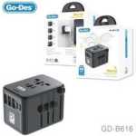 Go-Des Universal International Travel Power Adapter High Speed with 3 USB + 1 Type C , All in One 3 USB 2 Type-C Worldwide AC Power Wall Charger Plug -Black