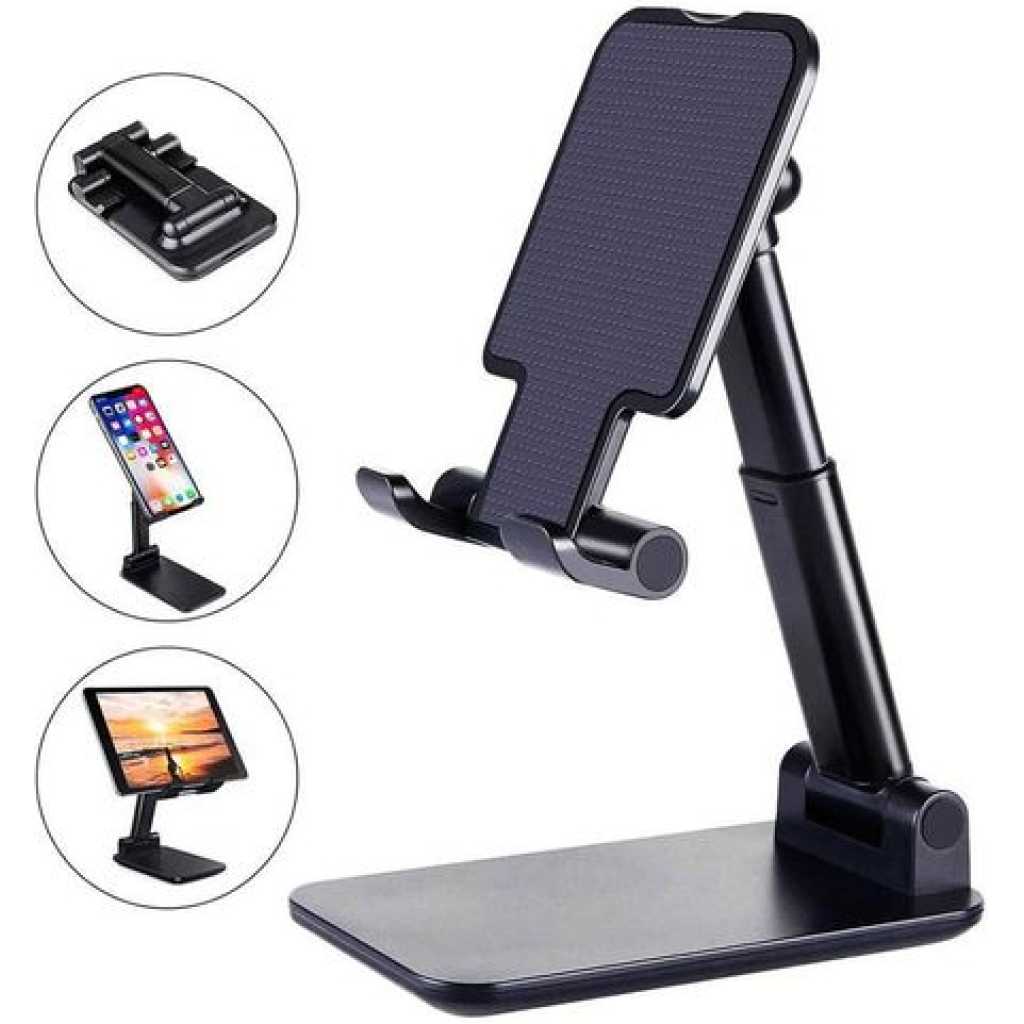 Phone Stand for Desk, Foldable Portable Cell Phone Holder Stand with Weighted Base, Adjustable Angle & Height Cell Phone Stand, Sturdy Phone Holder Metal Desktop Phone Stand