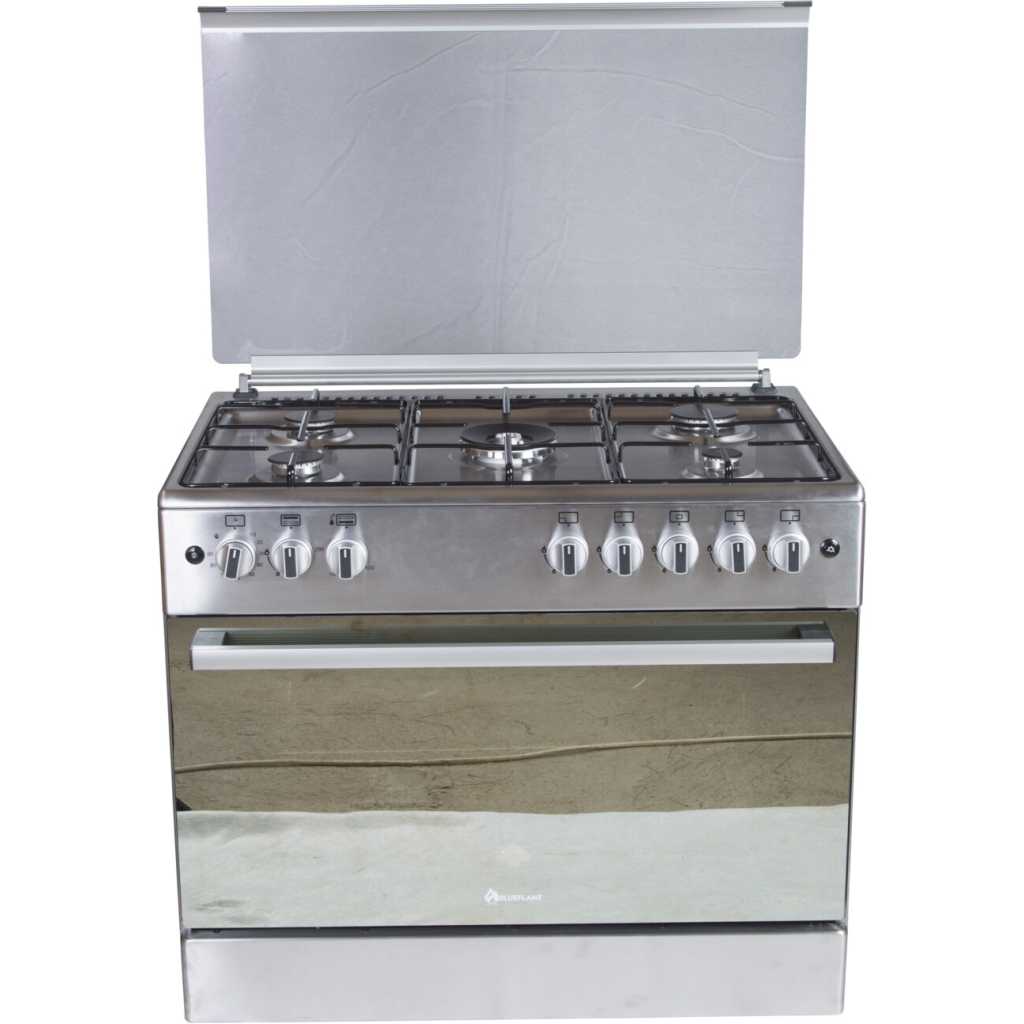 Blueflame 90x60cm Full Gas Cooker ET905GR; 5 Gas Burners, Gas Oven & Grill, Auto Ignition, Rotisserie, Oven Lamp, Timer, Thermostat - Inox