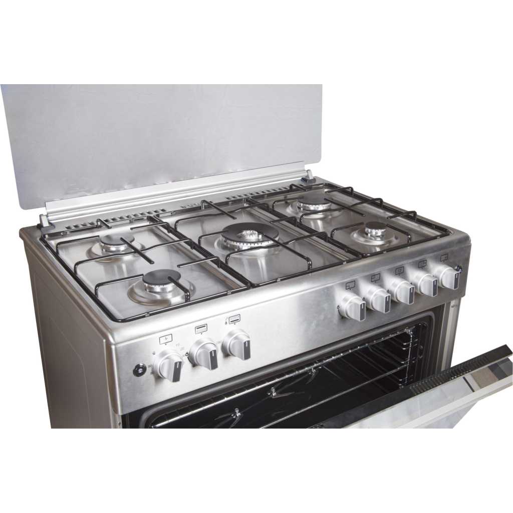 Blueflame 90x60cm Full Gas Cooker ET905GR; 5 Gas Burners, Gas Oven & Grill, Auto Ignition, Rotisserie, Oven Lamp, Timer, Thermostat - Inox