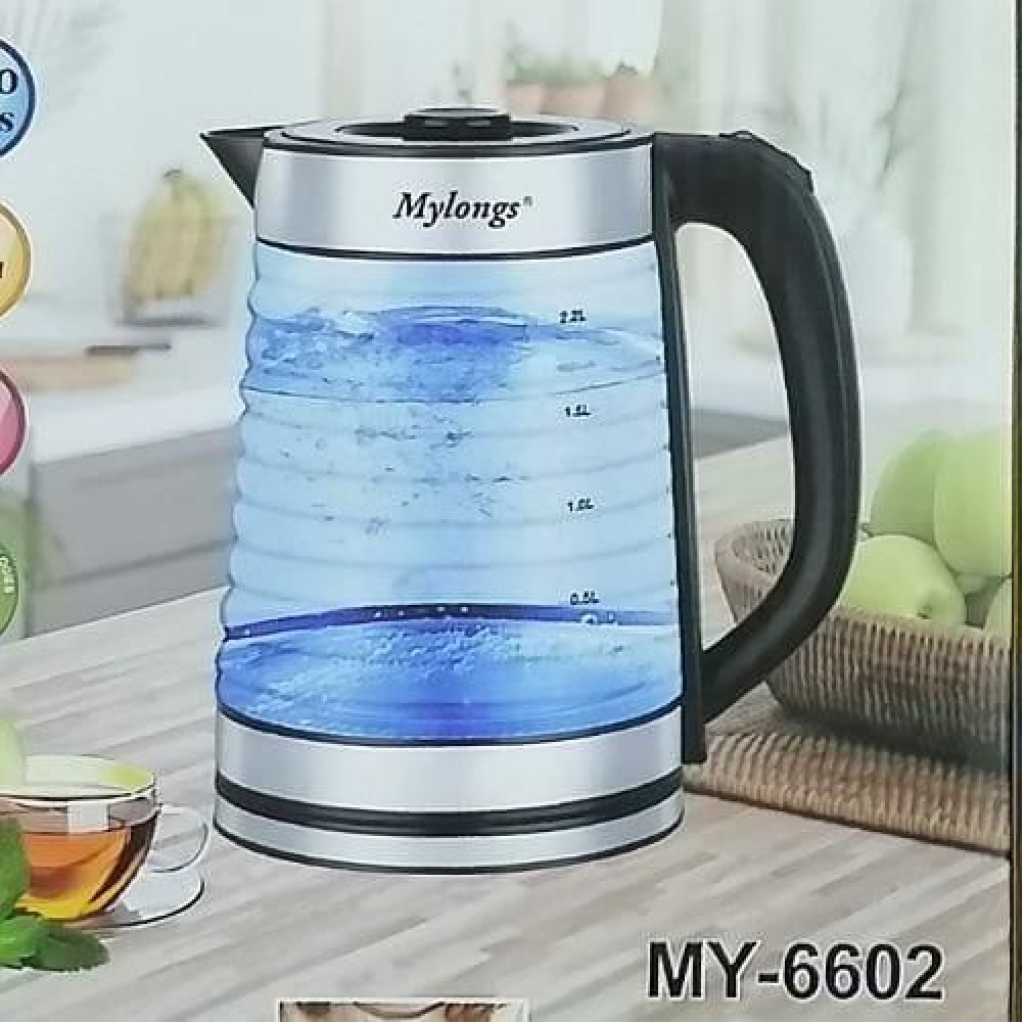 Mylongs Electric 2.2L BPA Free Glass Kettle Cordless 360° Base, Stylish Blue LED Interior, Handy Auto Shut-Off Function – Quickly Boil Water For Tea & More, Stainless Steel