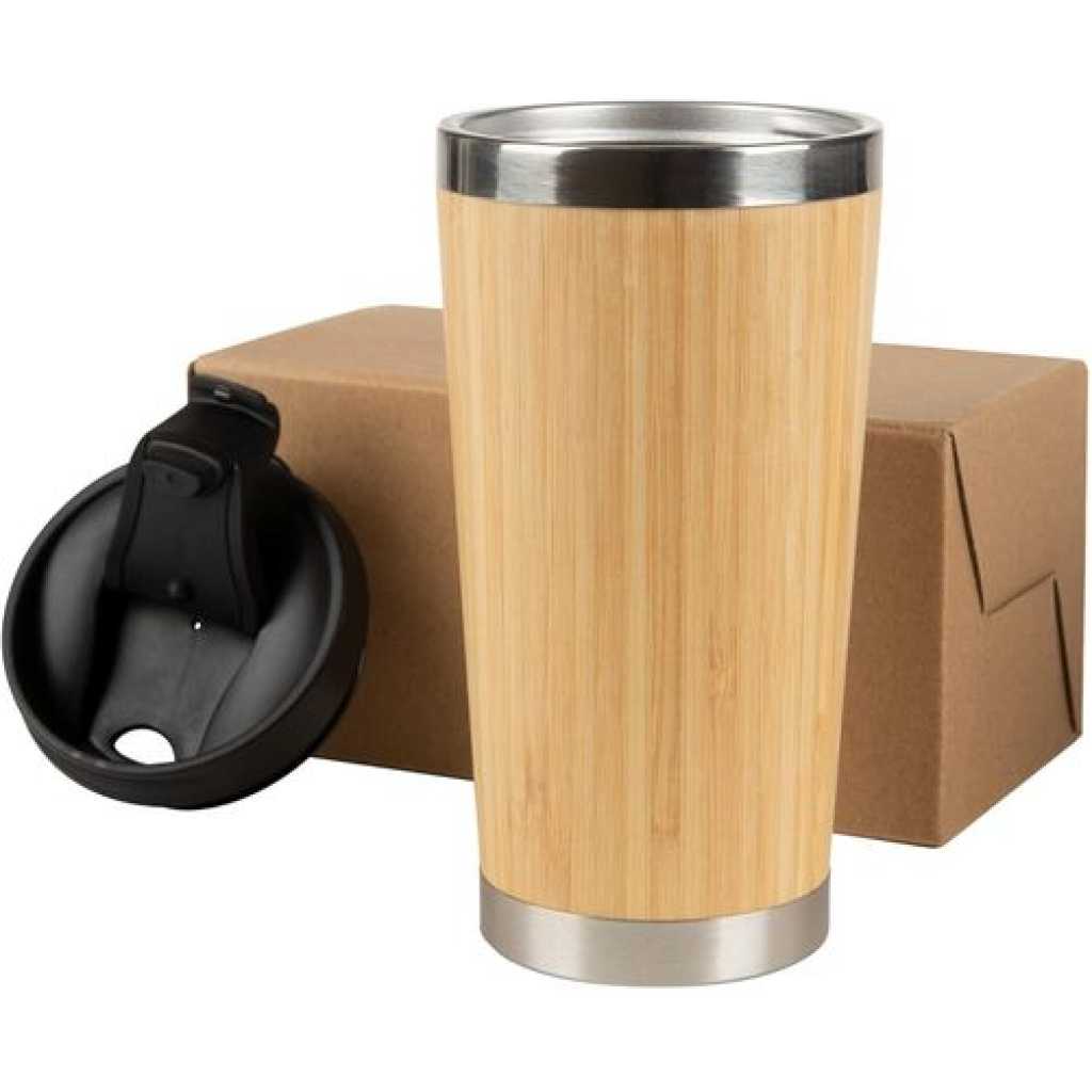 Stainless Steel Bamboo Travel Mug - Spill Proof Lid & Insulated Coffee Cup