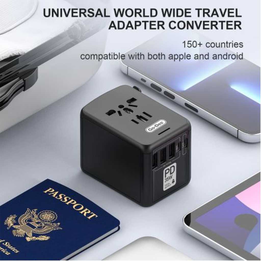 Go-Des Universal International Travel Power Adapter High Speed with 3 USB + 1 Type C , All in One 3 USB 2 Type-C Worldwide AC Power Wall Charger Plug -Black