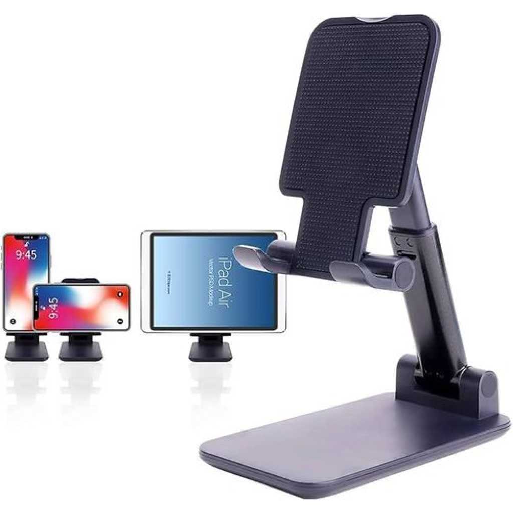 Phone Stand for Desk, Foldable Portable Cell Phone Holder Stand with Weighted Base, Adjustable Angle & Height Cell Phone Stand, Sturdy Phone Holder Metal Desktop Phone Stand