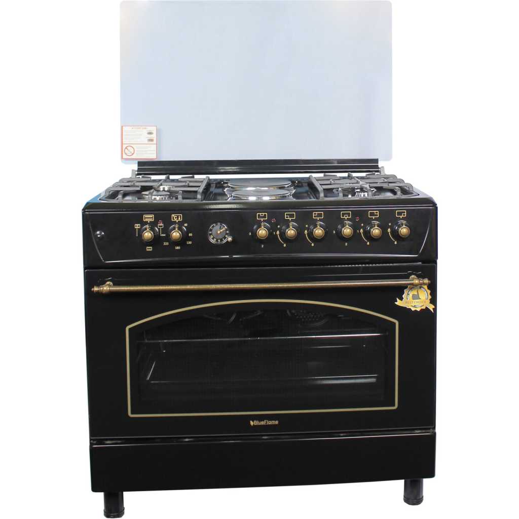 Blueflame 90x60cm Rustic Cooker FP942ERF – B, 4 Gas Burners + 2 Electric Plates, Electric Oven & Grill, Auto Ignition, Rotisserie, Thermostat, Oven Lamp, Oven Timer, Glass Lid, Turbo Fan, Cast Iron Pan Supports - Black