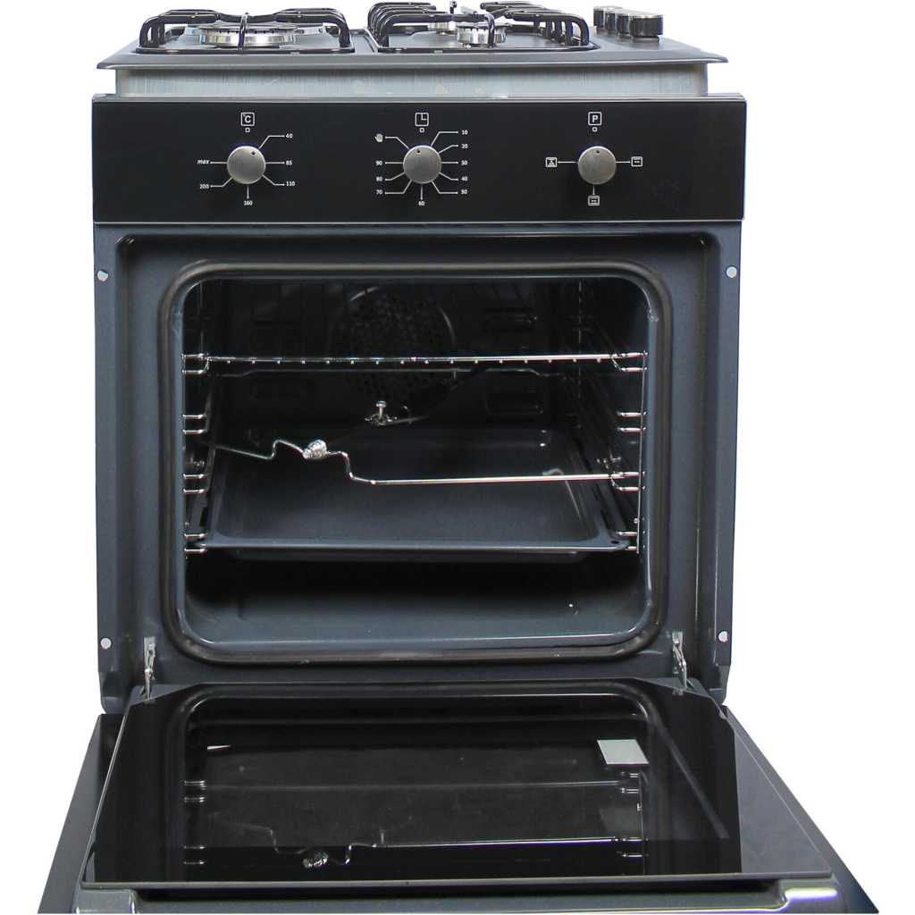 Blueflame 60cm Built-in Cooker E431C-B; 3-Gas Burners And 1-Electric Plate, Electric Oven, Oven Fan, Grill Heater, Thermostat, Fan, Auto Ignition - Black