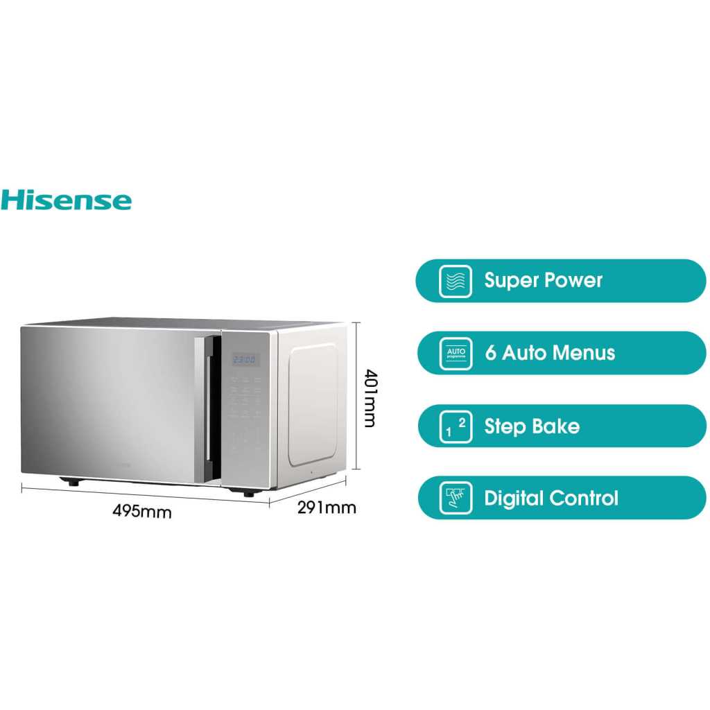 Hisense 30L Digital Microwave Oven H30MOMS9H | Grill, Child Lock Safety, 11 Power Levels, 6 Auto Cooking Menus - Silver