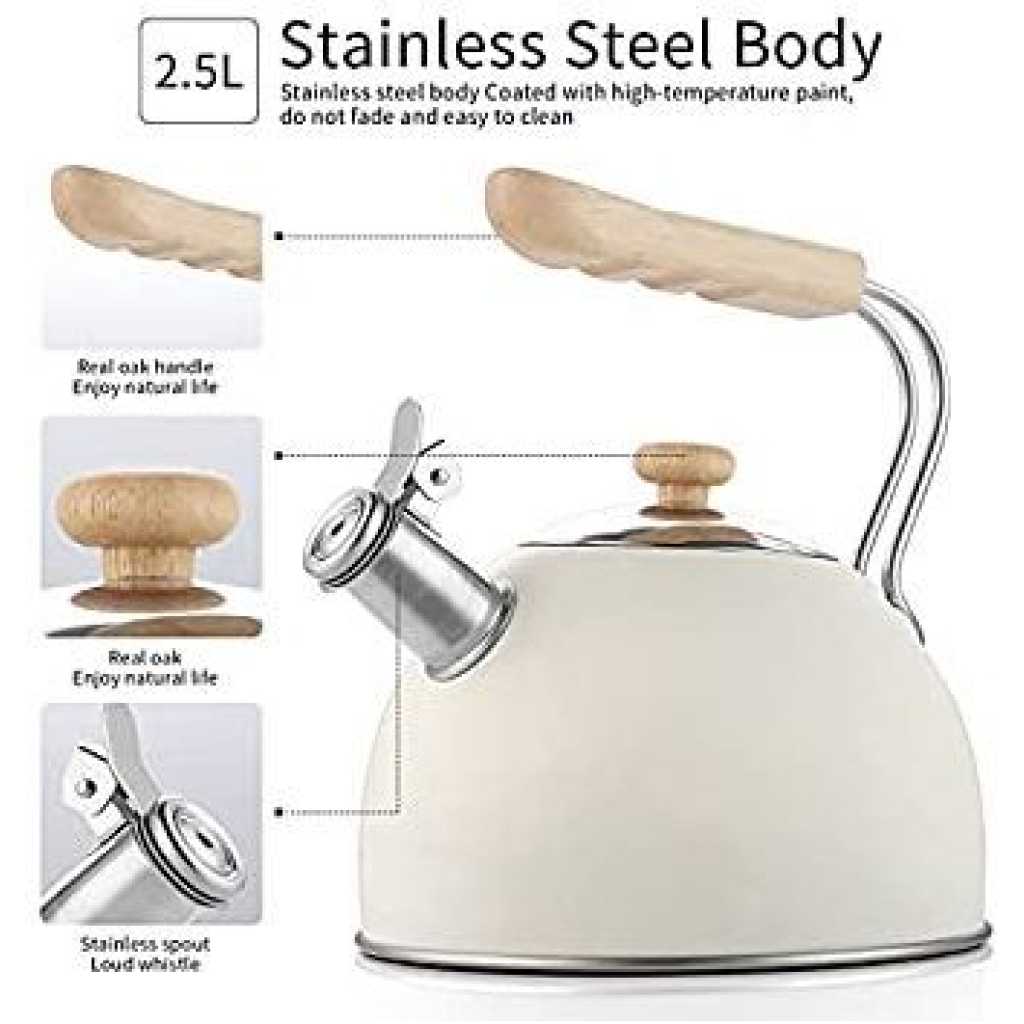 Kaisa Villa 2.5 Litre Stovetop Teapot Stainless Steel Whistling Tea Kettle, Cream.