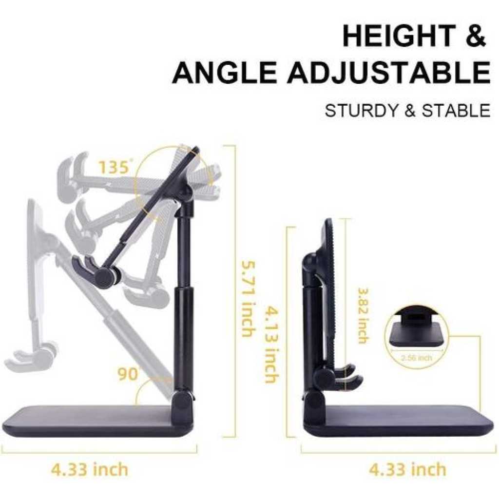 Phone Stand for Desk, Foldable Portable Cell Phone Holder Stand with Weighted Base, Adjustable Angle & Height Cell Phone Stand, Sturdy Phone Holder Metal Desktop Phone Stand