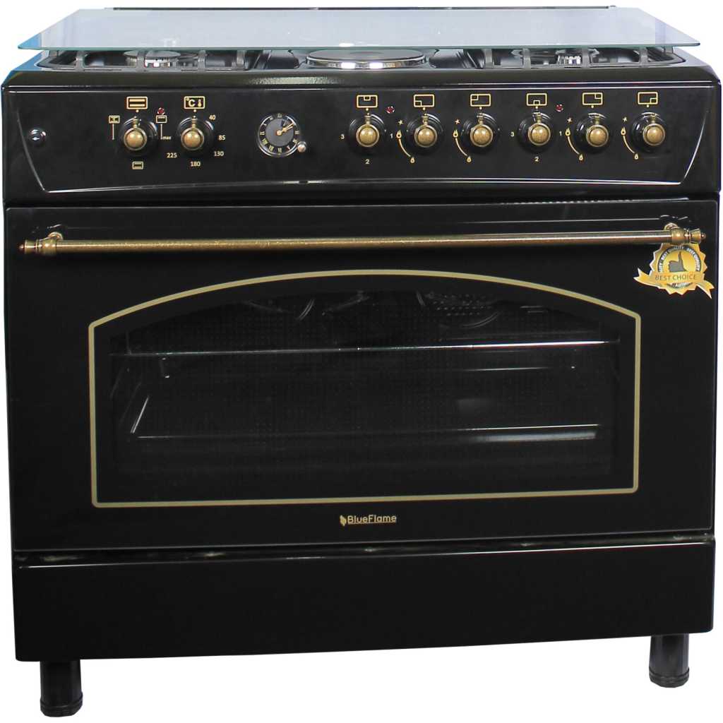 Blueflame 90x60cm Rustic Cooker FP942ERF – B, 4 Gas Burners + 2 Electric Plates, Electric Oven & Grill, Auto Ignition, Rotisserie, Thermostat, Oven Lamp, Oven Timer, Glass Lid, Turbo Fan, Cast Iron Pan Supports - Black