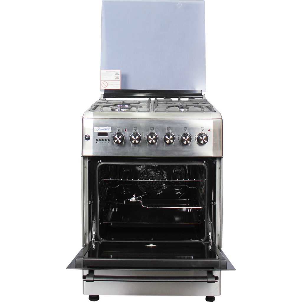 Blueflame 60x60cm Diamond Cooker; 3 Gas and 1 Electric Hotplate D6031ERF; Electric Oven & Grill, Digital Timer, THermostat, Oven Lamp, Cast Iron Pan Supports, Rotisserie, Auto Ignition – Inox