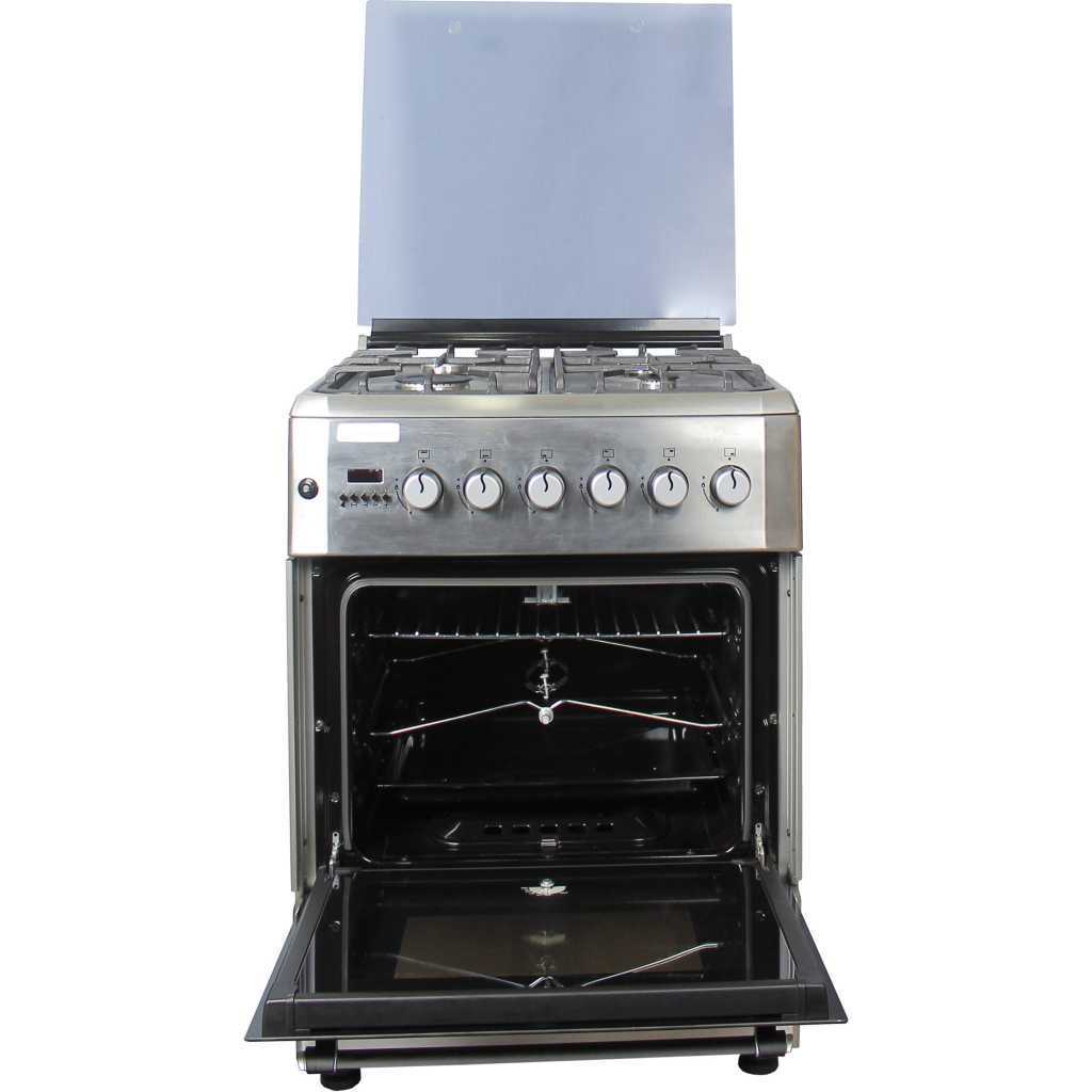 Blueflame 60x60cm Diamond Cooker; Full Gas, 4 Gas Burners, D6040GRF; Gas Oven & Grill, Digital Timer, Thermostat, Oven Lamp, Cast Iron Pan Supports, Rotisserie, Auto Ignition – Inox