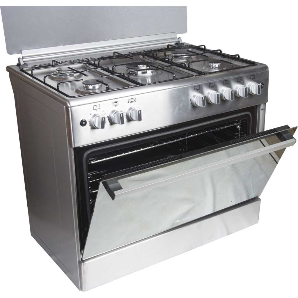 Blueflame 90x60cm Full Gas Cooker ET905GR; 5 Gas Burners, Gas Oven & Grill, Auto Ignition, Rotisserie, Oven Lamp, Timer, Thermostat - Inox