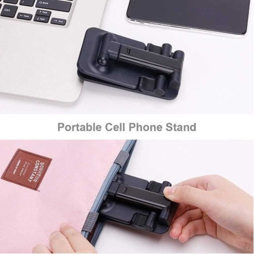 Phone Stand for Desk, Foldable Portable Cell Phone Holder Stand with Weighted Base, Adjustable Angle & Height Cell Phone Stand, Sturdy Phone Holder Metal Desktop Phone Stand