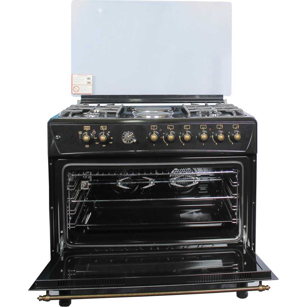 Blueflame 90x60cm Rustic Cooker FP942ERF – B, 4 Gas Burners + 2 Electric Plates, Electric Oven & Grill, Auto Ignition, Rotisserie, Thermostat, Oven Lamp, Oven Timer, Glass Lid, Turbo Fan, Cast Iron Pan Supports - Black