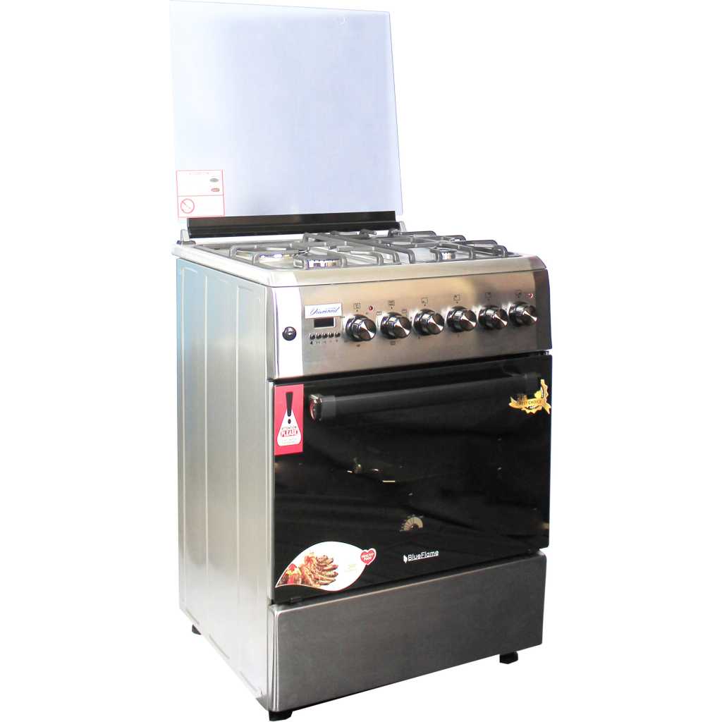 Blueflame 60x60cm Diamond Cooker; 3 Gas and 1 Electric Hotplate D6031ERF; Electric Oven & Grill, Digital Timer, THermostat, Oven Lamp, Cast Iron Pan Supports, Rotisserie, Auto Ignition – Inox
