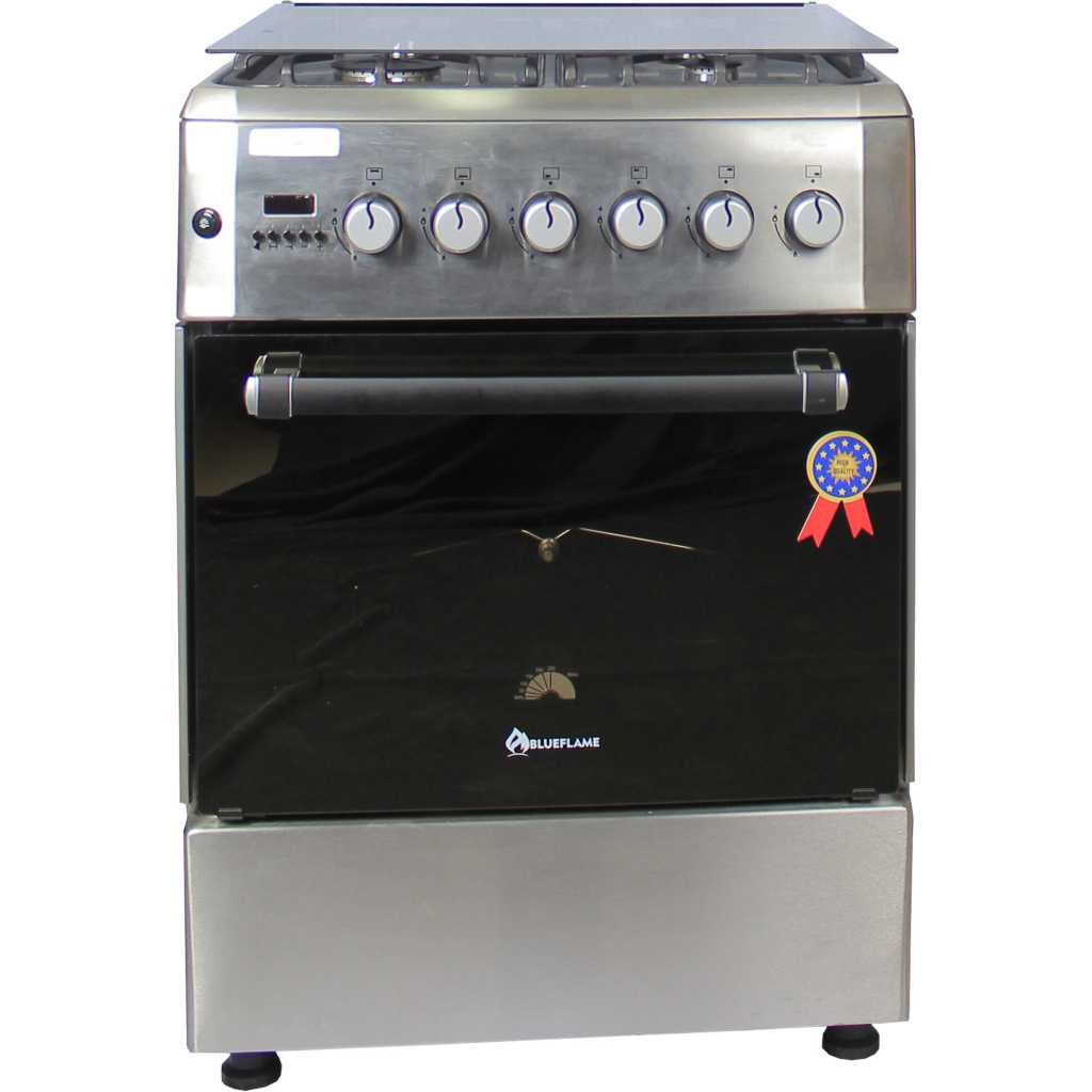 Blueflame 60x60cm Diamond Cooker; Full Gas, 4 Gas Burners, D6040GRF; Gas Oven & Grill, Digital Timer, Thermostat, Oven Lamp, Cast Iron Pan Supports, Rotisserie, Auto Ignition – Inox