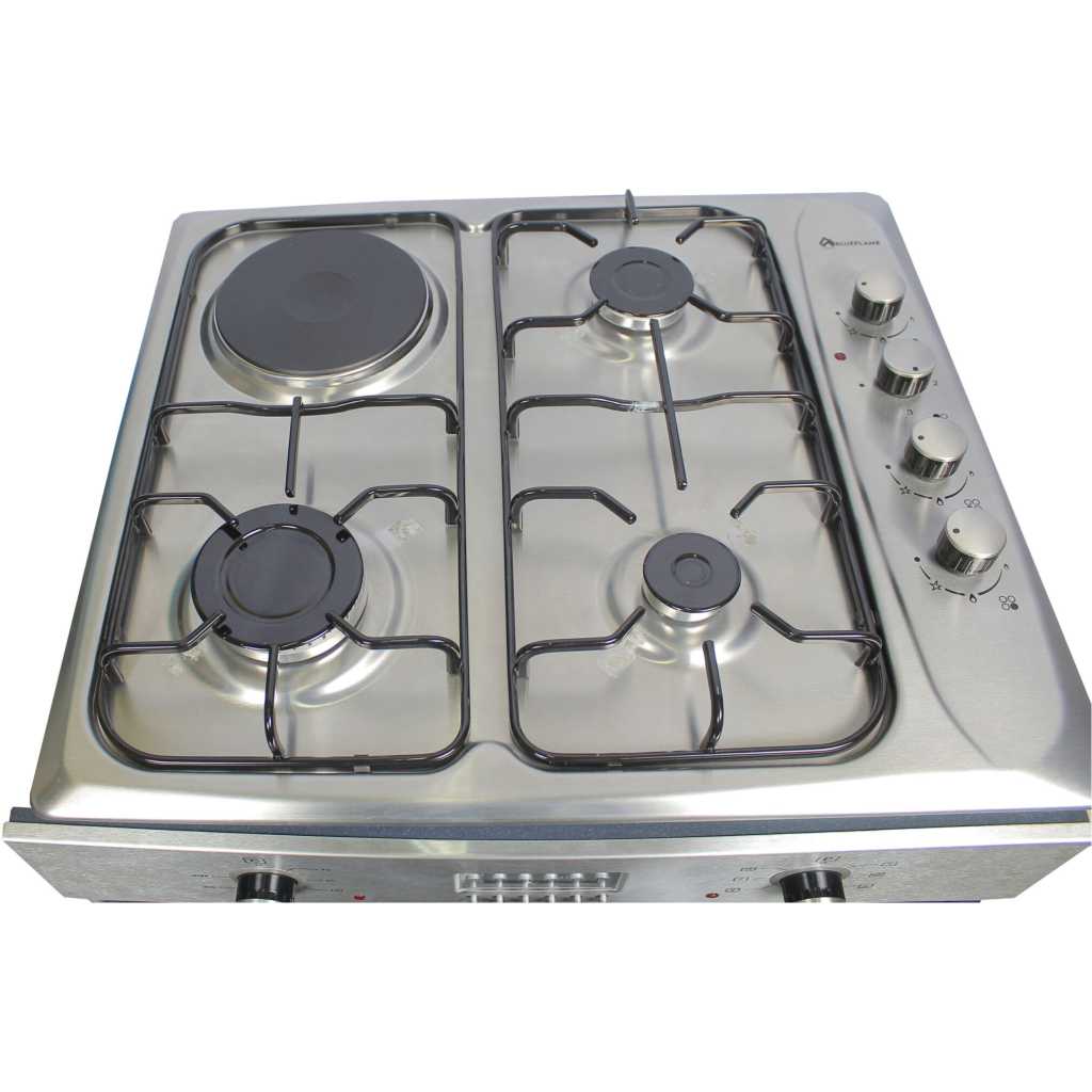 Blueflame 60cm Built-in Cooker 43IC; 3-Gas Burners And 1-Electric Plate, Electric Oven, Oven Fan, Grill Heater, Thermostat, Fan, Auto Ignition - Inox