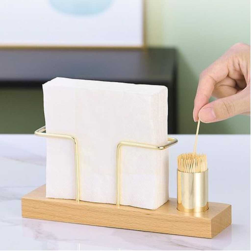 1pc Solid Wood Creative Vertical Tissue Storage Rack With Toothpick Holder, Cafe Bar Restaurant Desktop Napkin Holder, Simple Table Tissue Displays Storage Holder, Coffee Bar Accessories, Household Storage Organization For Kitchen, Bedroom, Office