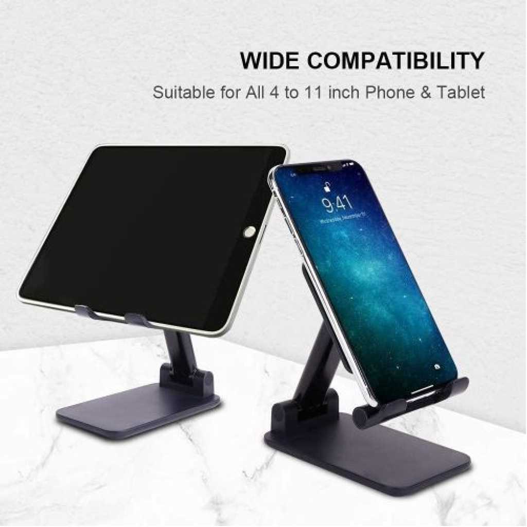 Phone Stand for Desk, Foldable Portable Cell Phone Holder Stand with Weighted Base, Adjustable Angle & Height Cell Phone Stand, Sturdy Phone Holder Metal Desktop Phone Stand