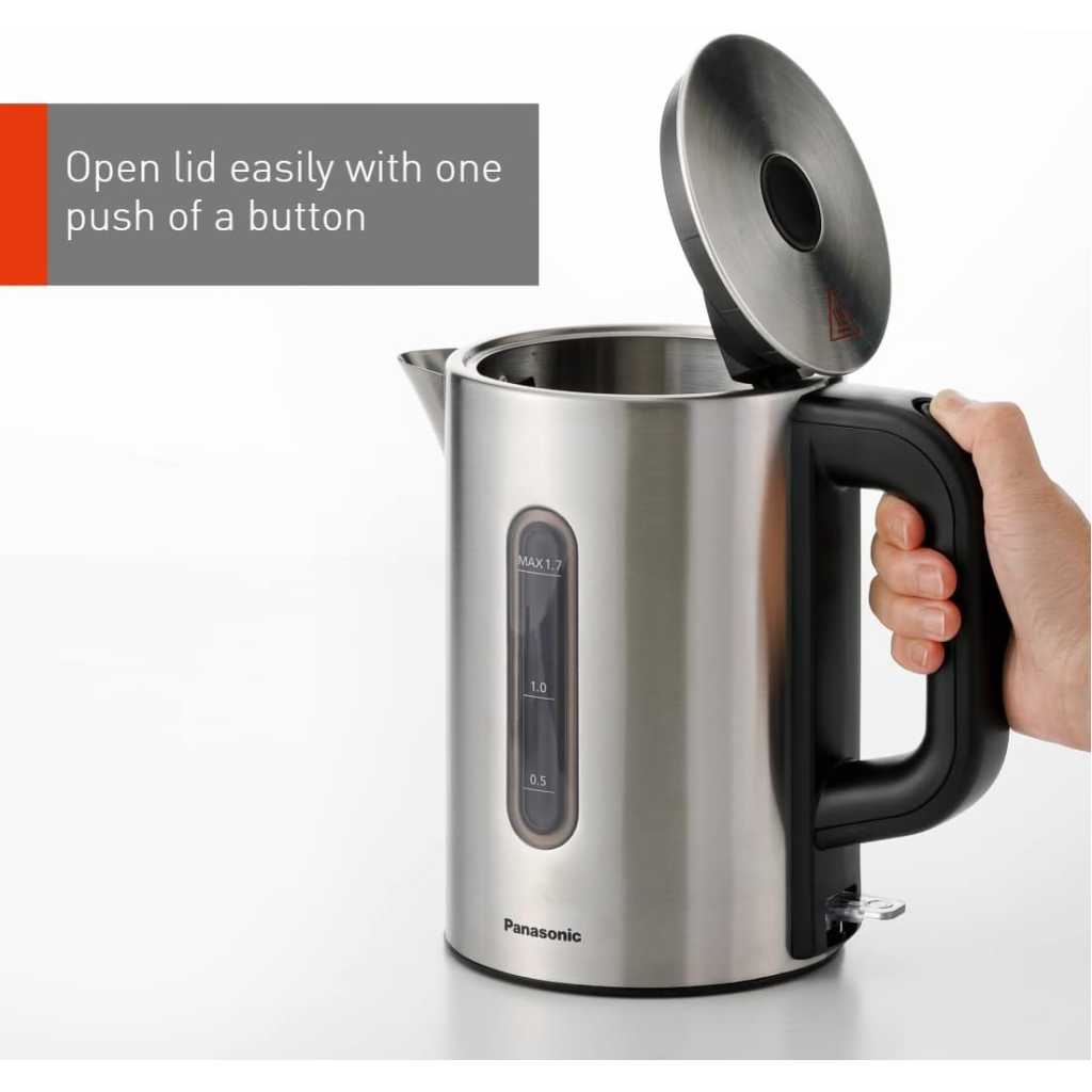 Panasonic 1.7L Kettle NC-K301STB, Cylindrical Body, Wide Opening Easy to Clean, LED Boil Indicator, Anti Scale Filter - Stainless Steel