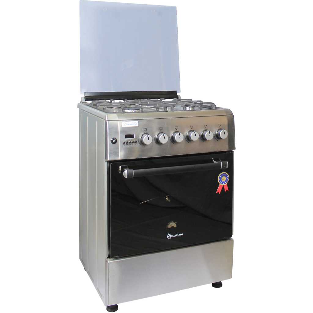 Blueflame 60x60cm Diamond Cooker; Full Gas, 4 Gas Burners, D6040GRF; Gas Oven & Grill, Digital Timer, Thermostat, Oven Lamp, Cast Iron Pan Supports, Rotisserie, Auto Ignition – Inox