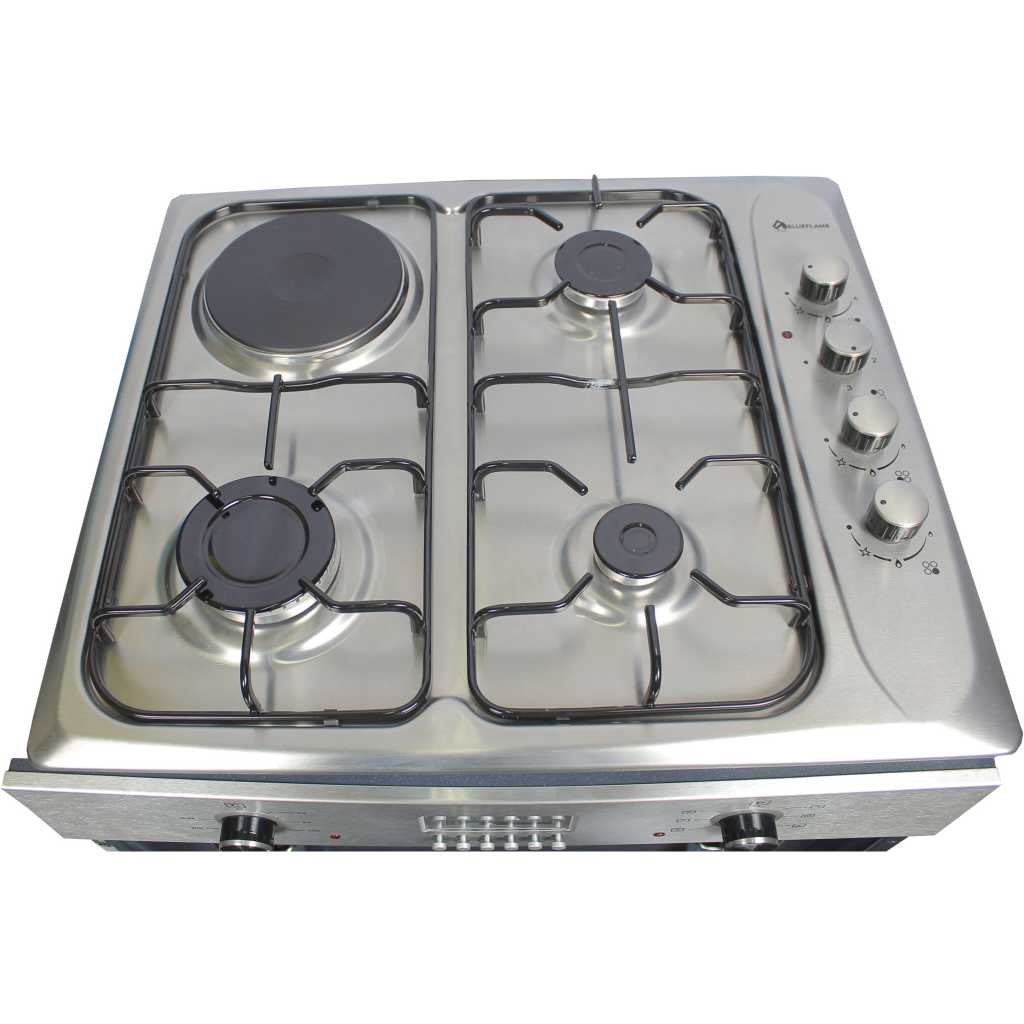 Blueflame 60cm Built-in Cooker 43IC; 3-Gas Burners And 1-Electric Plate, Electric Oven, Oven Fan, Grill Heater, Thermostat, Fan, Auto Ignition - Inox