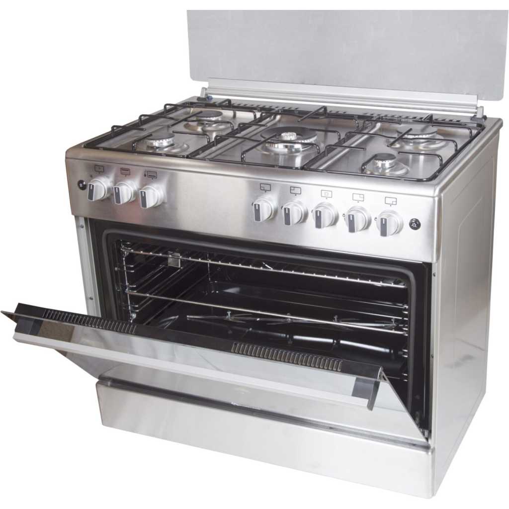 Blueflame 90x60cm Full Gas Cooker ET905GR; 5 Gas Burners, Gas Oven & Grill, Auto Ignition, Rotisserie, Oven Lamp, Timer, Thermostat - Inox