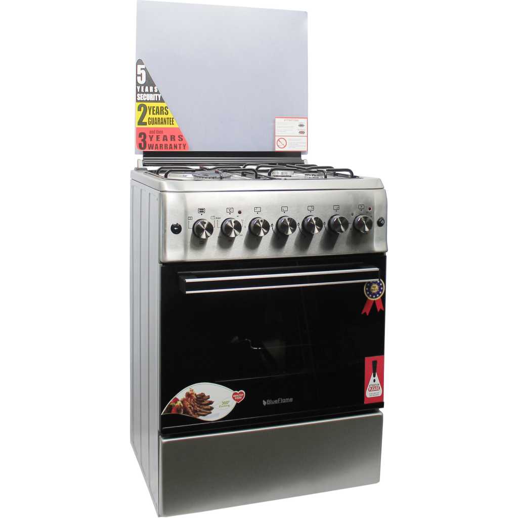 BlueFlame Cooker 60x60cm, 3 Gas Burners And 1 Electric Plates S6031EFRP – L, Electric Oven & Grill, Rotisserie, Oven Fan, Thermostat, Auto Ignition, Timer - Inox