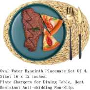 6 Pieces OF Oval Woven Placemats, Natural Water Hyacinth Placemats Straw Braided Rattan Placemats, 12x16 Inches Plate Chargers Set, Non-Slip Heat Resistant Woven Chargers for Dining Table