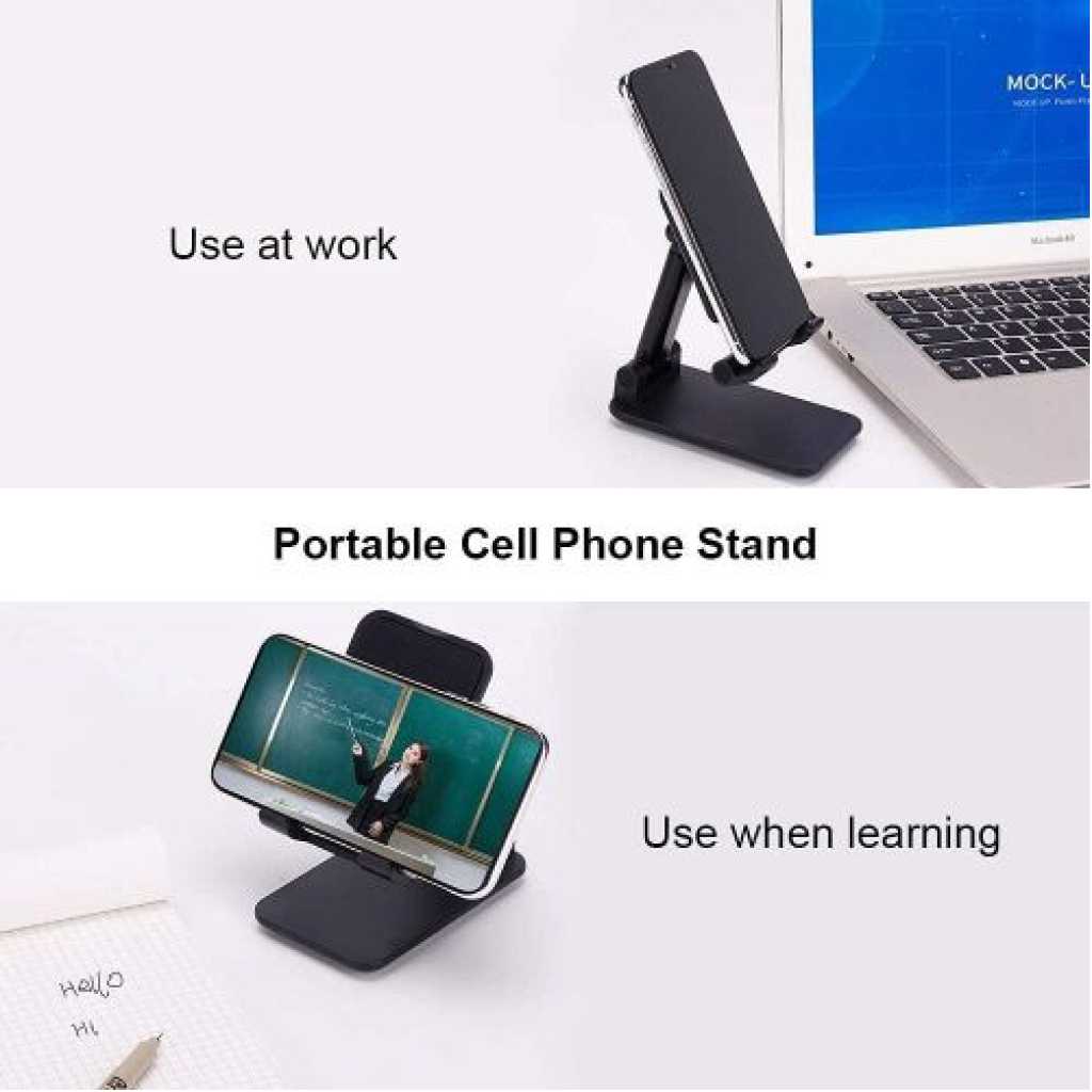 Phone Stand for Desk, Foldable Portable Cell Phone Holder Stand with Weighted Base, Adjustable Angle & Height Cell Phone Stand, Sturdy Phone Holder Metal Desktop Phone Stand