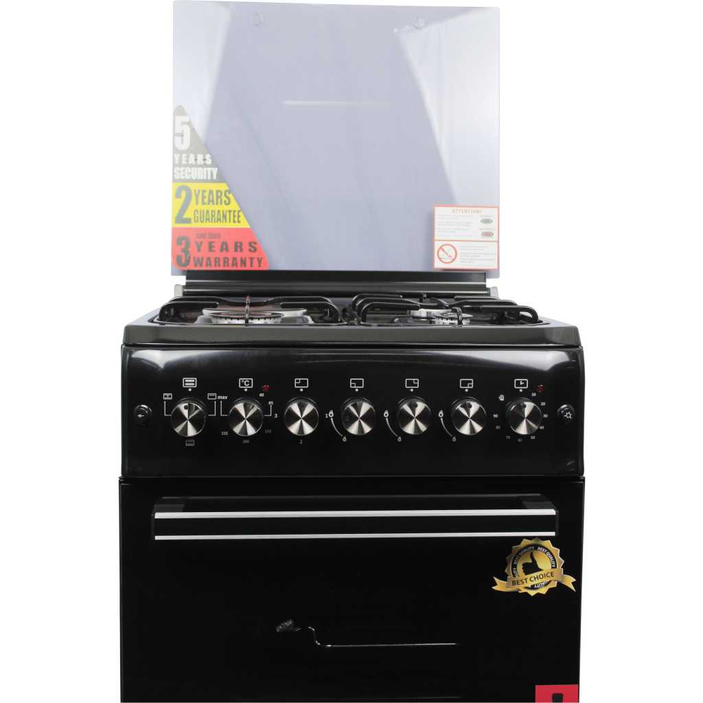 BlueFlame Cooker 60x60cm, 2 Gas Burners And 2 Electric Plates; S6031EFRP With Electric Oven & Grill, Auto Ignition, Rotisserie, Oven Lamp - Black