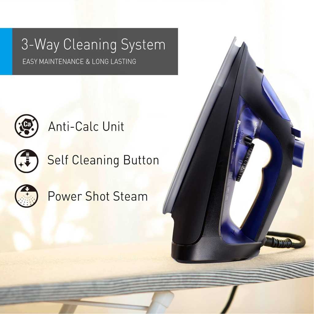 Panasonic Steam Iron, 2400W, Ni-U550, Big Ceramic Soleplate, Anti Calc Self Cleaning + Spray+ Vertical 130g Power Shot Steam - Blue