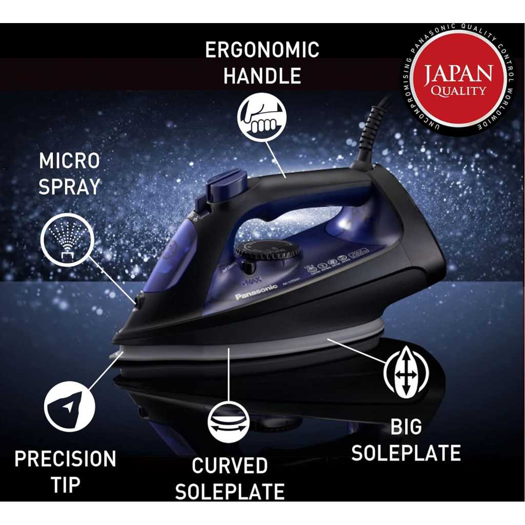 Panasonic Steam Iron, 2400W, Ni-U550, Big Ceramic Soleplate, Anti Calc Self Cleaning + Spray+ Vertical 130g Power Shot Steam - Blue