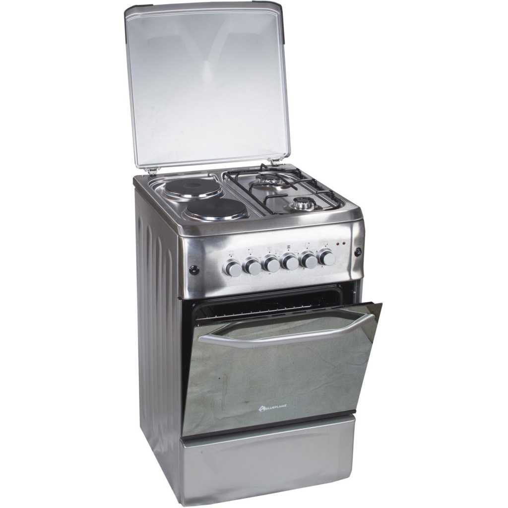 BlueFlame Cooker 50x55CM S5022ER 2 Gas Burners And 2 Electric Plates, Electric Oven & Grill, Rotisserie, Oven Lamp, Auto Ignition, Thermostat - Inox