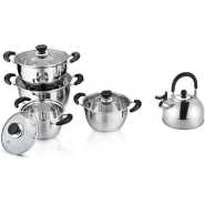 9 Pieces Cookware Set With A Whistling Kettle-Silver