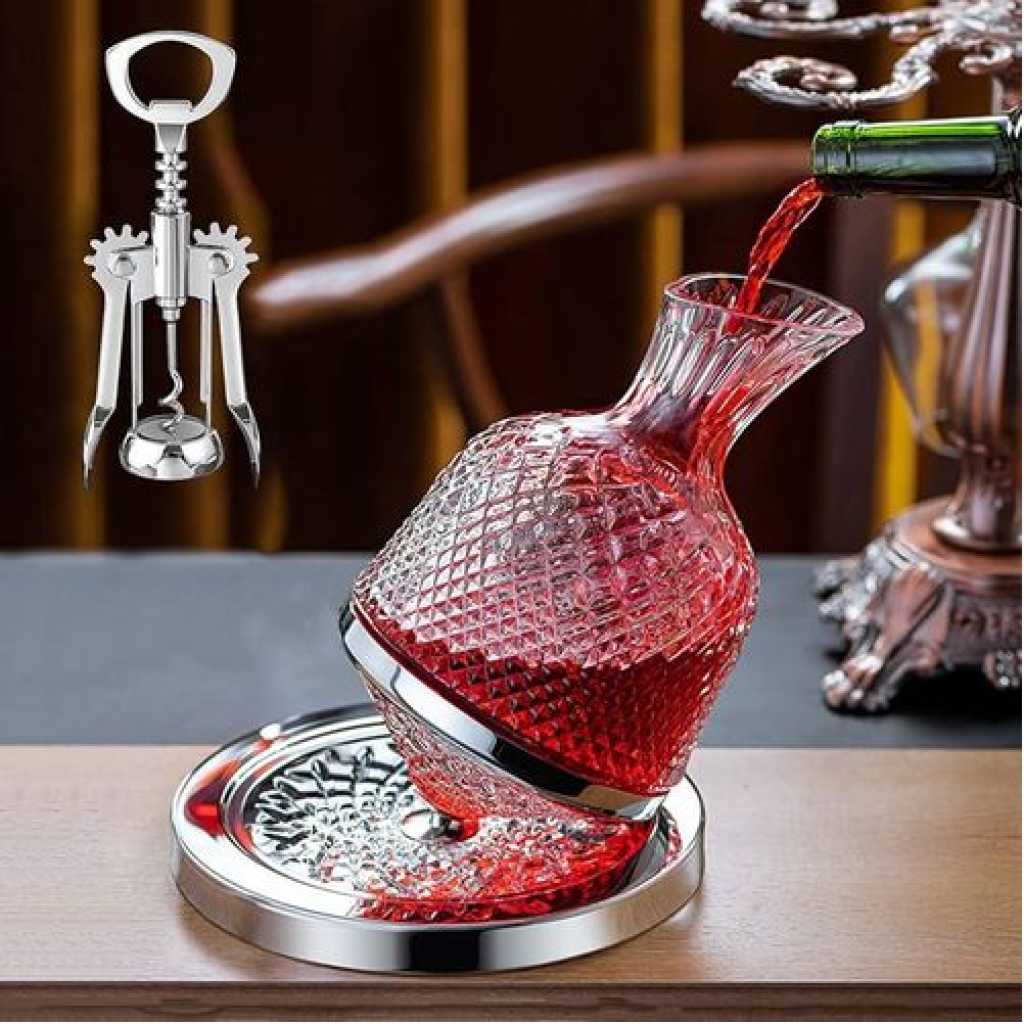 Spinning Decanter for Whisky, Wine, 1500ML Crystal Glass Wine Decanter Set for Wedding Gifts Wine Lovers